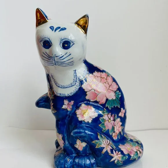 Vintage Hand Painted Porcelain Decorative Blue Sitting Cat Figurine 8” - Picture 2 of 12